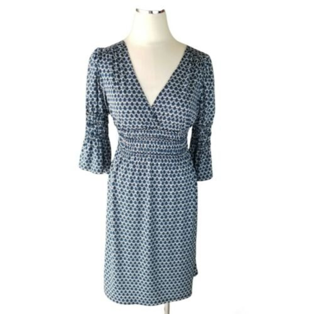 Sophie Max Blue Geometric Print Smocked Dress Small Boho Bell Sleeve Career